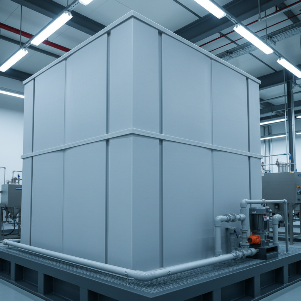 A large, rectangular polypropylene (PP) chemical storage tank in pale gray, with perfectly smooth welded seams and reinforced ribbing along the sides, stands on a raised chemical containment platform. Around its base run neatly routed PP and PVDF pipelines leading to a nearby vertical chemical pump with a corrosion-resistant plastic impeller housing. Overhead, linear LED fixtures cast cool, even industrial lighting that reveals fine surface details and subtle texture variations on the PP tank walls. Captured from a low-angle perspective to emphasize capacity and robustness, the composition keeps foreground and midground in sharp focus while distant background equipment remains gently softened. The mood is robust, secure, and industrially professional, with photographic realism and a clean, safety-focused aesthetic.