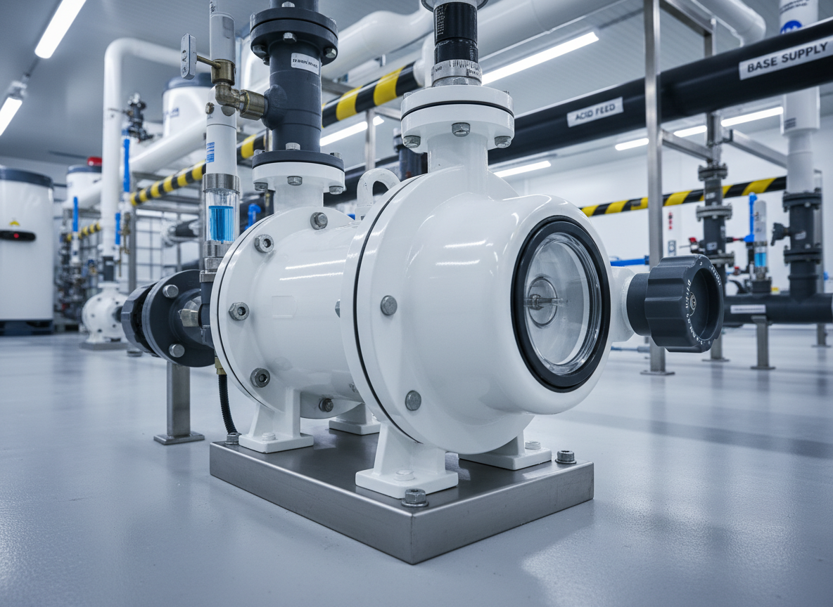 A high-precision chemical pump made from glossy white polypropylene with dark gray Viton seals and a clear inspection window, mounted on a stainless-steel base plate. It sits in a spotless industrial plant room with smooth epoxy-coated floors and neatly labeled piping running to overhead chemical storage tanks. Cool, diffused white LED lighting from above creates crisp reflections on the pump housing and gentle shadows beneath the mounting frame. Captured at eye level with slight three-quarter angle, the image emphasizes the pump’s inlet and outlet flanges, control knobs, and calibration markings. The mood is professional, reliable, and highly engineered, with photographic realism, sharp focus throughout, and a clean, modern aesthetic suitable for a corporate website hero image.