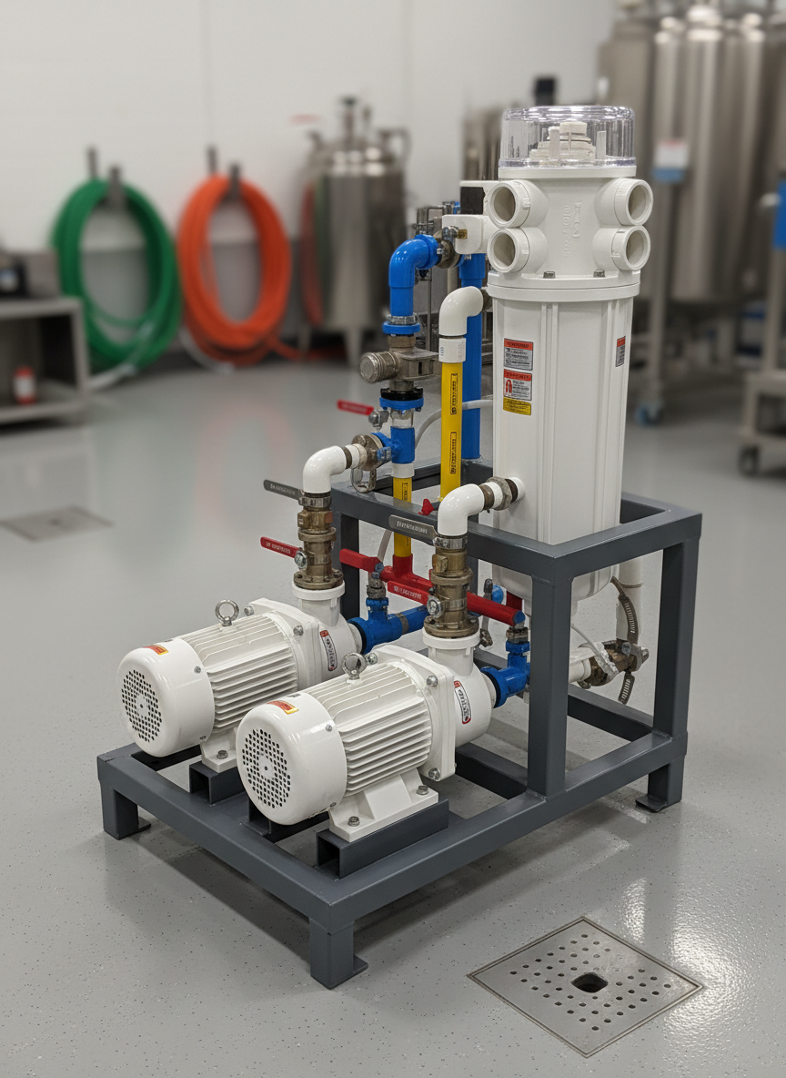 A compact chemical transfer skid featuring two parallel polypropylene pumps, a white PP chemical filter housing with multiple cartridge ports, and color-coded PVC piping neatly arranged on a powder-coated steel frame. The skid is positioned in a bright, organized equipment room with light gray walls and a subtle grid of floor drains. Neutral, evenly distributed studio-style lighting reveals the smooth plastic textures, embossed safety labels, and metallic hose clamps without harsh glare. Shot from a slightly elevated angle using the rule of thirds, the composition highlights the relationship between pumps, filter, and valves, with a softly blurred background of additional equipment. The mood is precise and dependable, with photographic realism and a clean, technical atmosphere that communicates engineered quality.